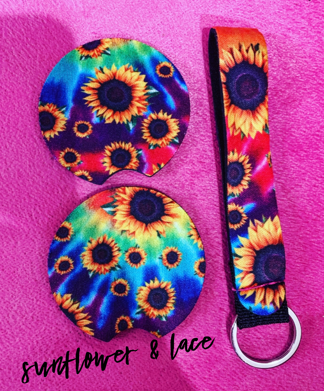 Tie dye sunflower coaster & keyfob set